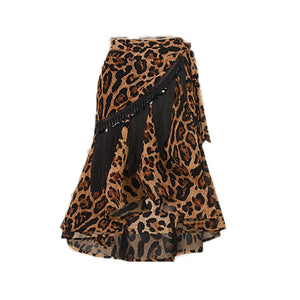 Women's Black Long Sleeve Mock Neck Open Back Leotard with Ruffled Tassel Latin Dance Skirt