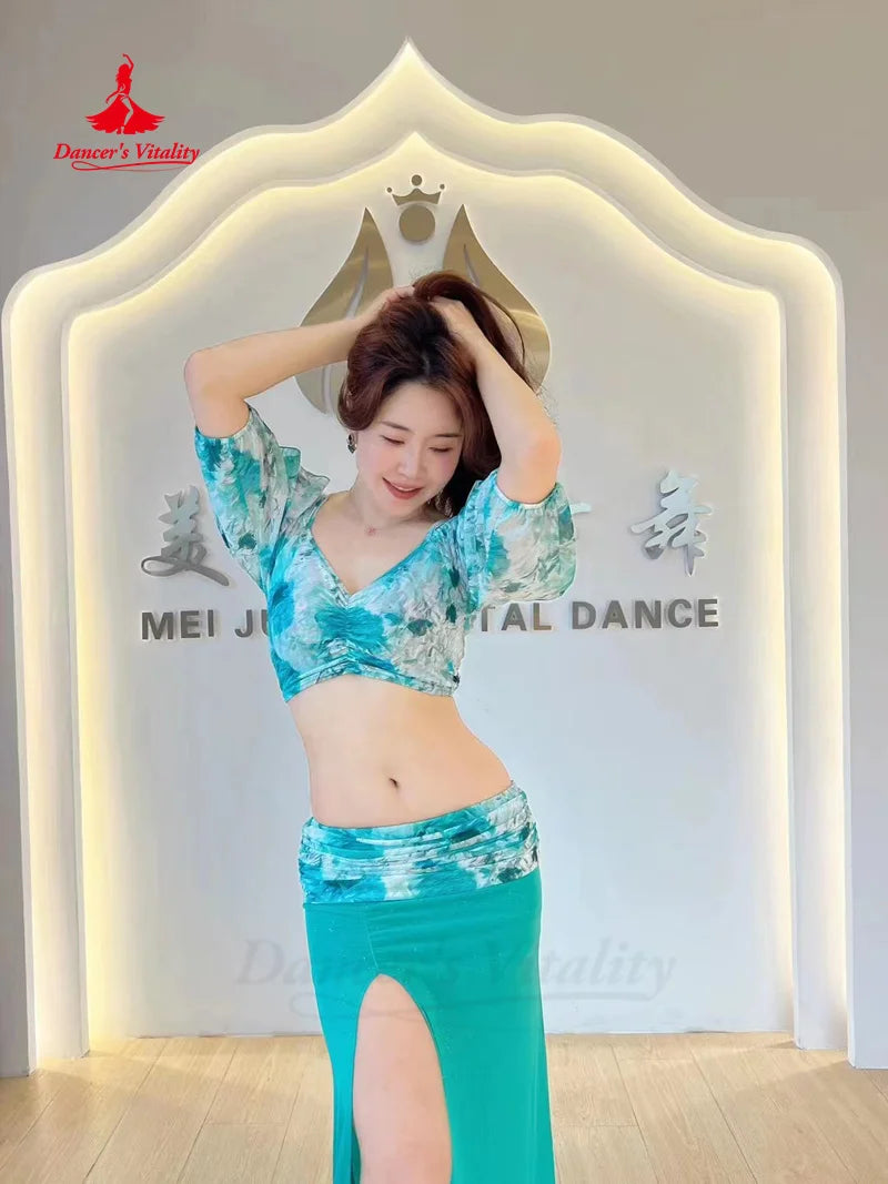 Women's Pink Floral Crop Top & Slit Skirt Belly Dance Costume