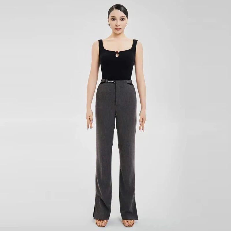 Women's Black and Beige Square Neck Bodysuit with Keyhole and Wide Leg Dance Trousers for Ballroom Dance