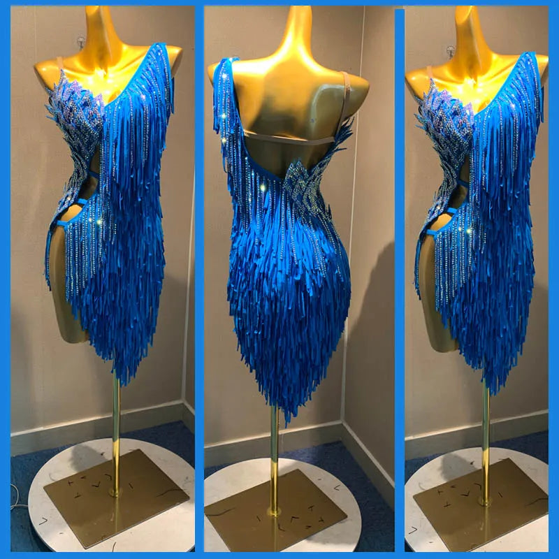 Latin Dance Dress Women's Blue Fringe Rhinestone Cutout Performance Dress