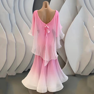 Ballroom Dance Dress Women Pink Ombre Chiffon & Spandex Long Sleeve Cape Back Ribbon Tie Standard Smooth Foxtrot Waltz Tango