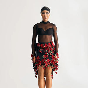 Women's Black Sheer Mesh Bodysuit & Rose Applique Asymmetrical Skirt Latin Dancewear Set