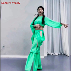 Belly Dance Women's Royal Blue Sheer Chiffon Cropped Top and Flowy Skirt Set with Side Slits