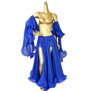 Belly Dance Costume, Women's Red Chiffon Long Sleeve Top and Slit Skirt Set, Performance Wear