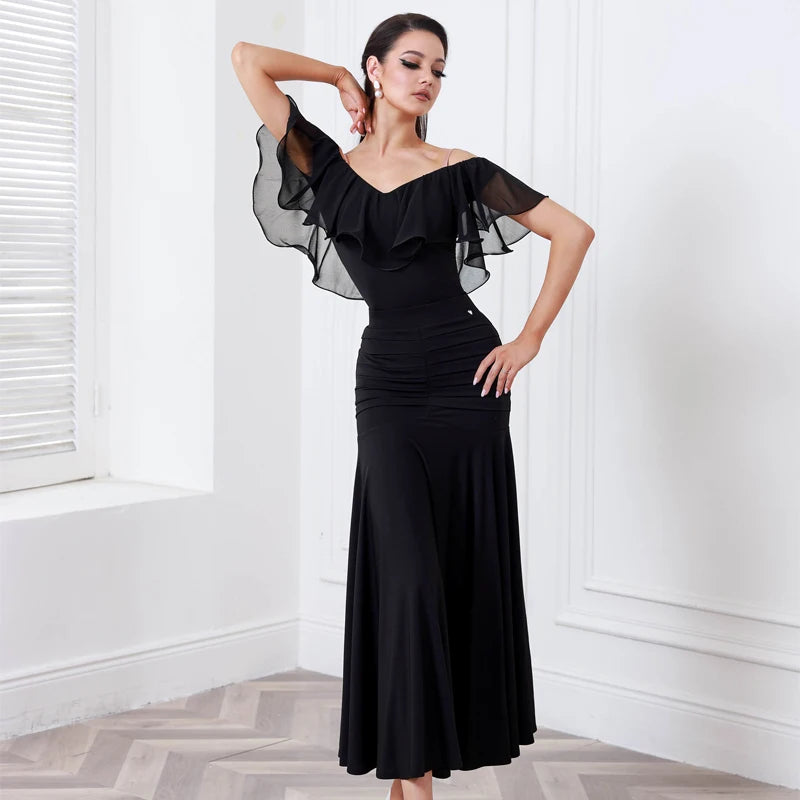 Women's Black Off-Shoulder Ruffled Ruched Ballroom Dance Dress, Light Blue Off-Shoulder Ruffled Ruched Ballroom Dance Dress, Mauve Off-Shoulder Ruffled Ruched Ballroom Dance Dress