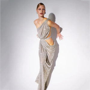 Elegant Silver Sequin One-Shoulder Long Dress with Side Cut-Out for Evening Events