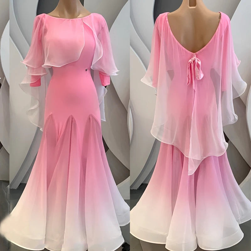 Ballroom Dance Dress Women Pink Ombre Chiffon & Spandex Long Sleeve Cape Back Ribbon Tie Standard Smooth Foxtrot Waltz Tango