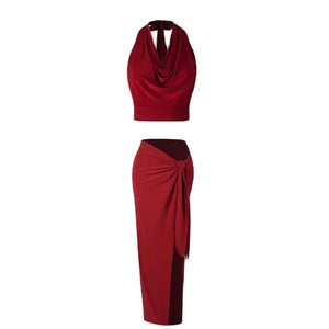 Women's White Halter Neck Draped Cowl Neck High Slit Ruched Maxi Dress for Latin Dance