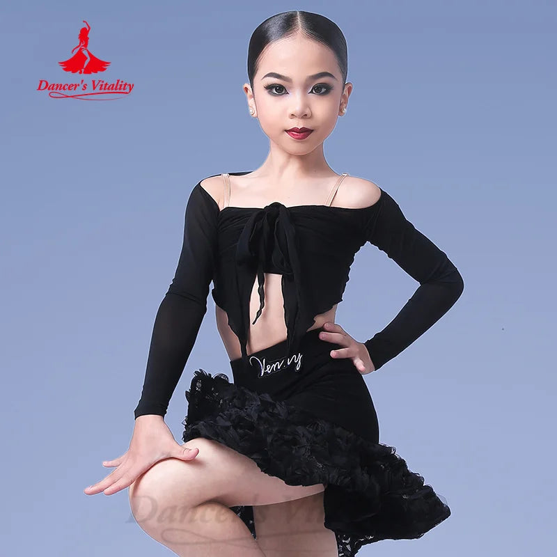 Women's Light Blue Mesh Long Sleeve Off-Shoulder Ruffle Latin Dance Top and Skirt Set