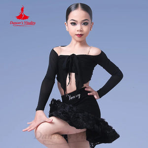 Women's Light Blue Mesh Long Sleeve Off-Shoulder Ruffle Latin Dance Top and Skirt Set