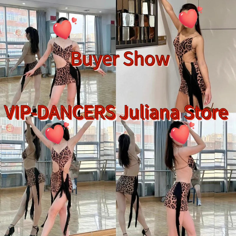Women's Leopard Print Black Fringe Cutout Latin Dance Dress