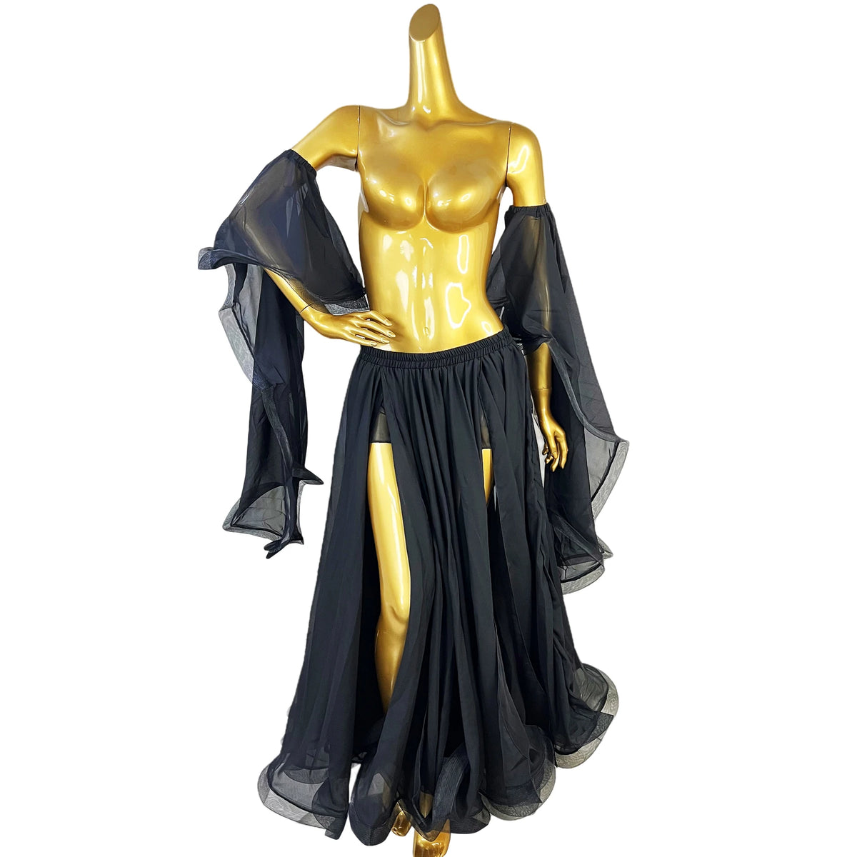 Belly Dance Costume, Women's Red Chiffon Long Sleeve Top and Slit Skirt Set, Performance Wear