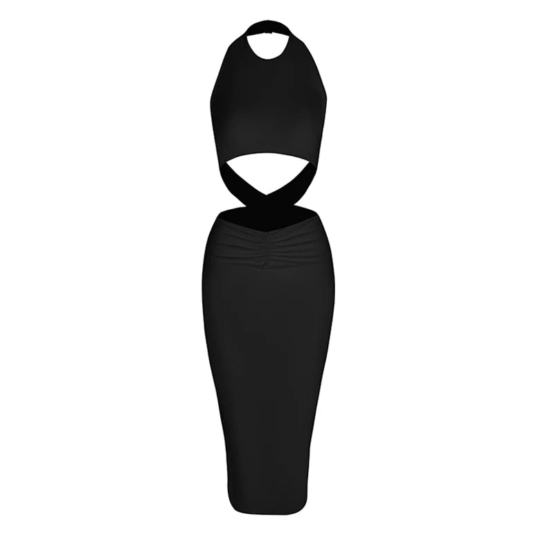 Women's Pink Halter Neck Ruched Cutout Bodycon Midi Dress for Latin Dance