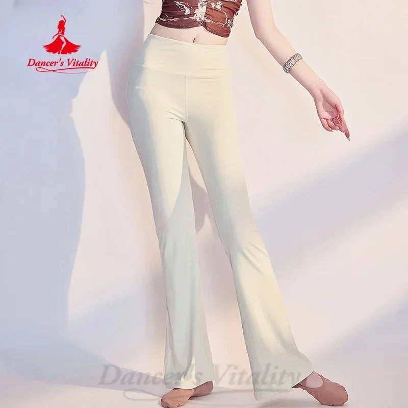 Women's Black Flare Dance Pants with Rhinestone Waistband, Belly Dance/Latin Dance Performance Trousers