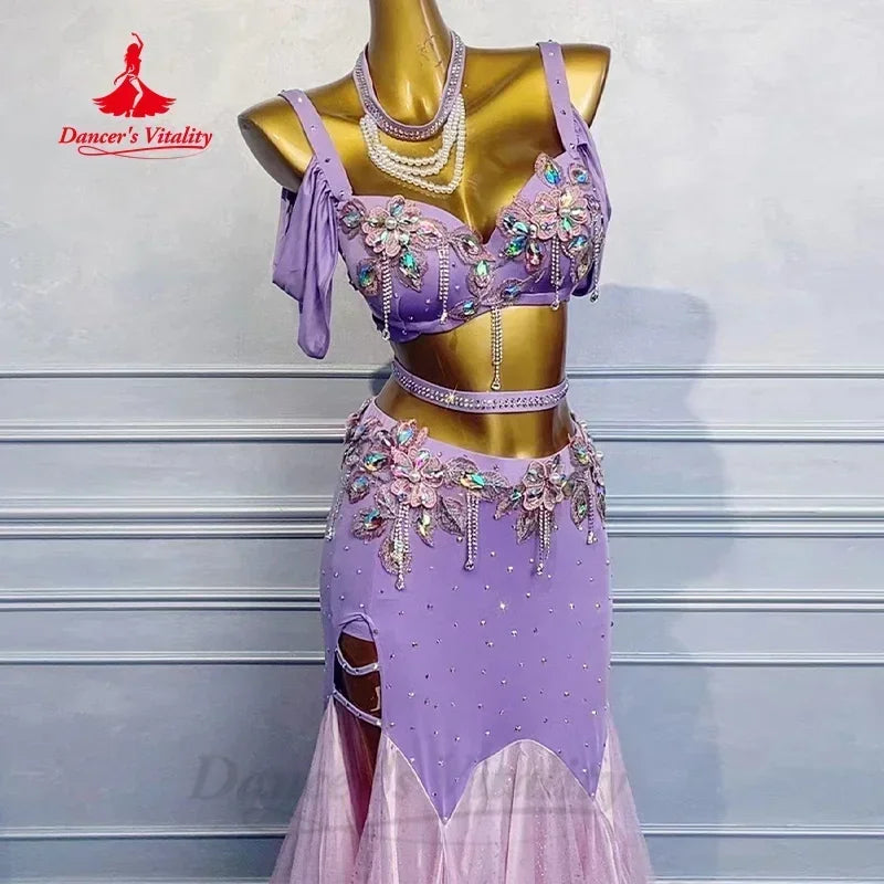 Belly Dance Costume Women's Lavender Sequin Beaded Bra Top Slit Skirt Set with Mesh Overlay for Performance