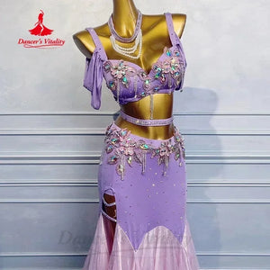 Belly Dance Costume Women's Lavender Sequin Beaded Bra Top Slit Skirt Set with Mesh Overlay for Performance