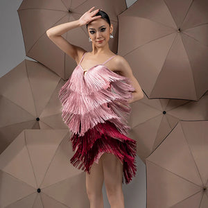 Women's Pink & Burgundy Ombre Fringe Latin Dance Dress