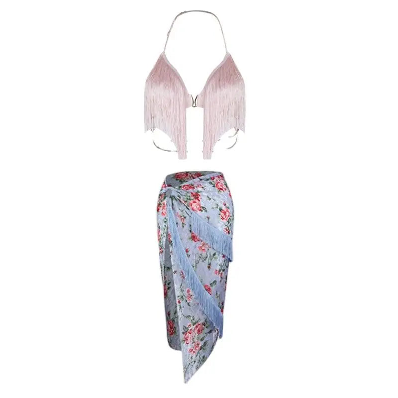 Women's White Fringe Halter Top and Floral Lace Slit Skirt Latin Dancewear
