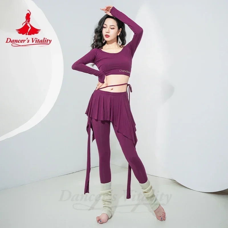 Belly Dance Practice Set Women's Teal Green Long Sleeve Crop Top with Skirted Leggings and Ribbed Leg Warmers