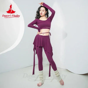 Belly Dance Practice Set Women's Teal Green Long Sleeve Crop Top with Skirted Leggings and Ribbed Leg Warmers