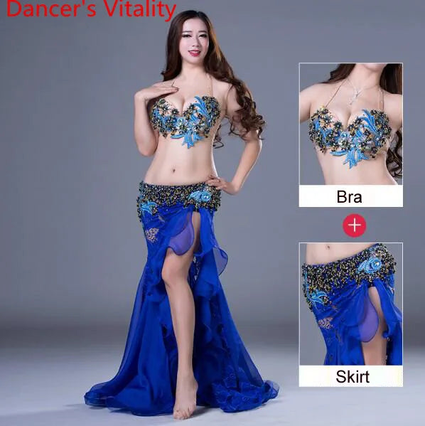 Belly Dance Costume Women's Hot Pink Sequined Halter Top and Ruffled Slit Skirt Set