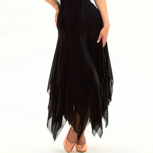 Women's Black Chiffon Halter Asymmetrical Layered Ballroom Dance Dress