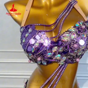 Belly Dance Costume Women's Purple Sequin Halter Top & Mermaid Skirt with Beaded Fringe - Professional Performance Outfit