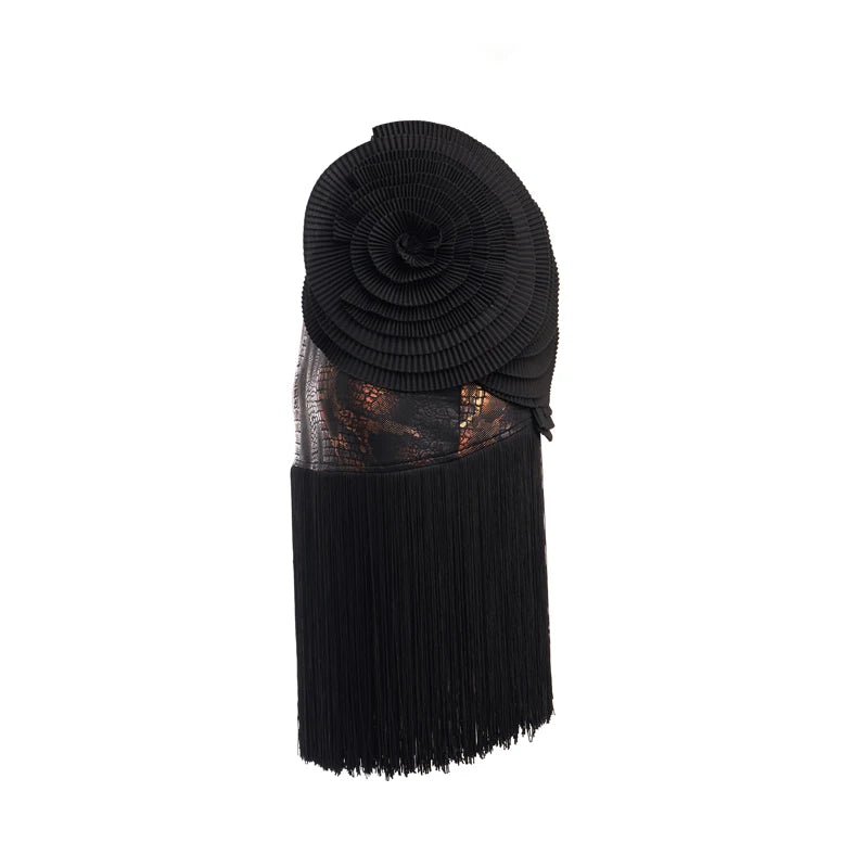 Women's Black & Bronze Snake Print Fringe Latin Dance Dress with Pleated Fan Detail