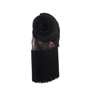 Women's Black & Bronze Snake Print Fringe Latin Dance Dress with Pleated Fan Detail