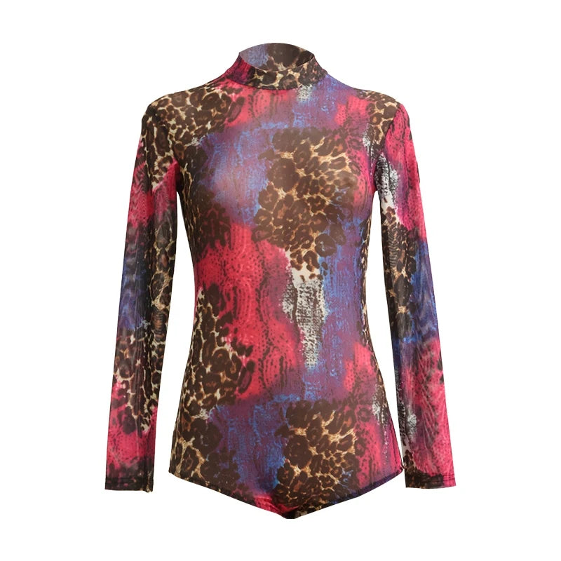 Women's Leopard Print Mesh Long Sleeve Bodysuit with Fringe Skirt Latin Dancewear