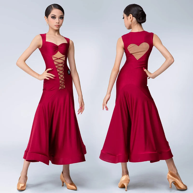 Women's Red Lycra Mesh Lace-Up Latin Ballroom Dance Dress