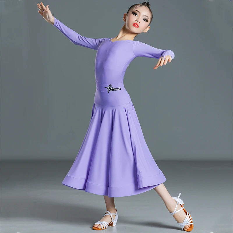 Girls' Latin Dance Dress, Lilac and Yellow Long Sleeve V-Neck Ballroom Performance Costume