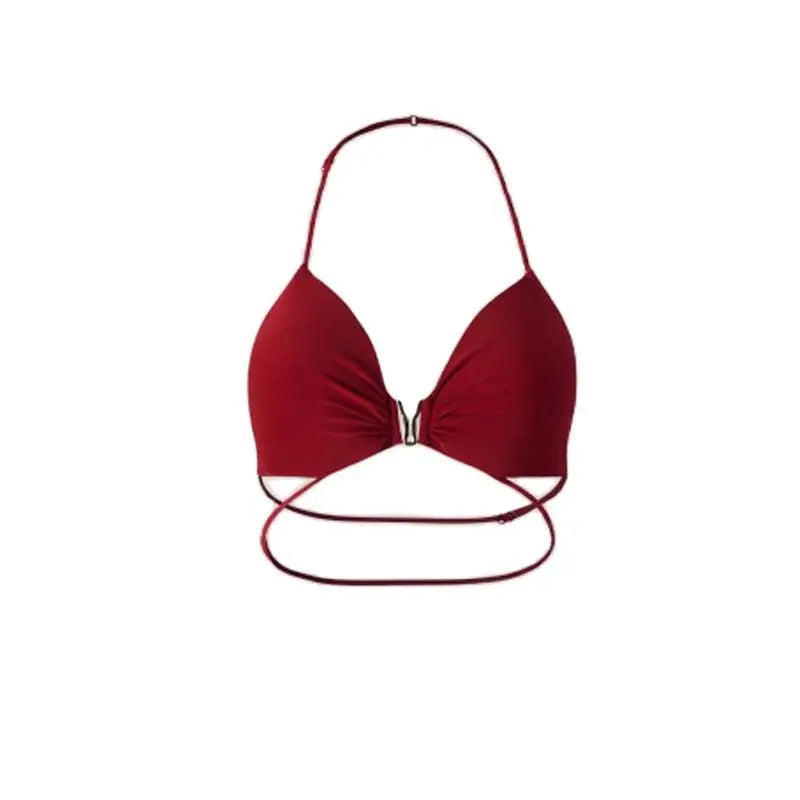Women's Halter Neck Ruched Two-Piece Set with High Slit Skirt, Red, Black, White, Latin Dance