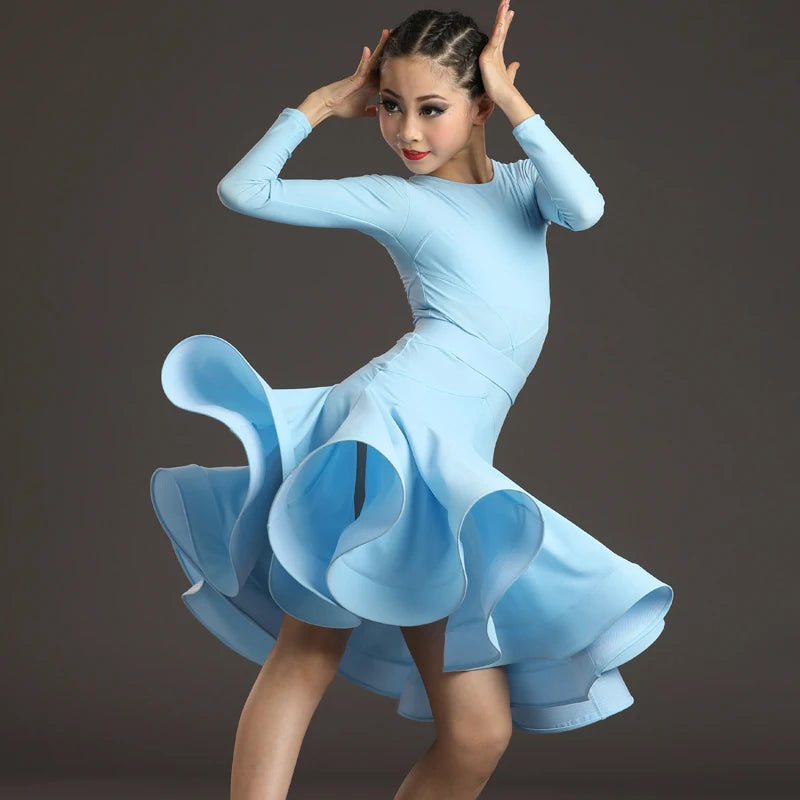 Girls Latin Dance Dress, Multi-Color Long Sleeve Ruffled Skirt Ballroom Performance Costume