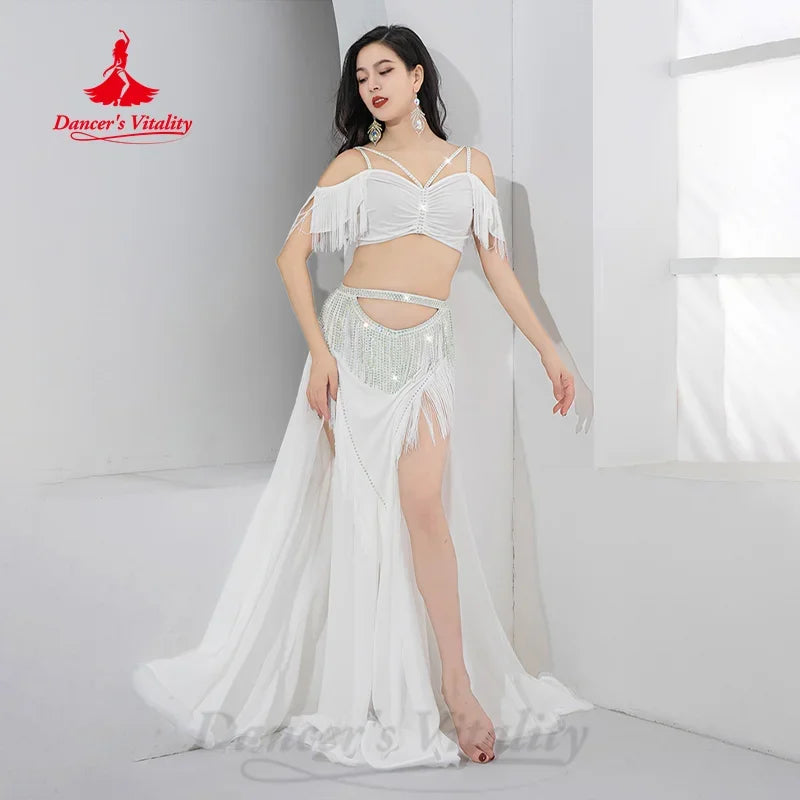 Belly Dance Costume Womens Red Chiffon Fringe & Rhinestone Off-Shoulder Crop Top & High-Slit Maxi Skirt Set