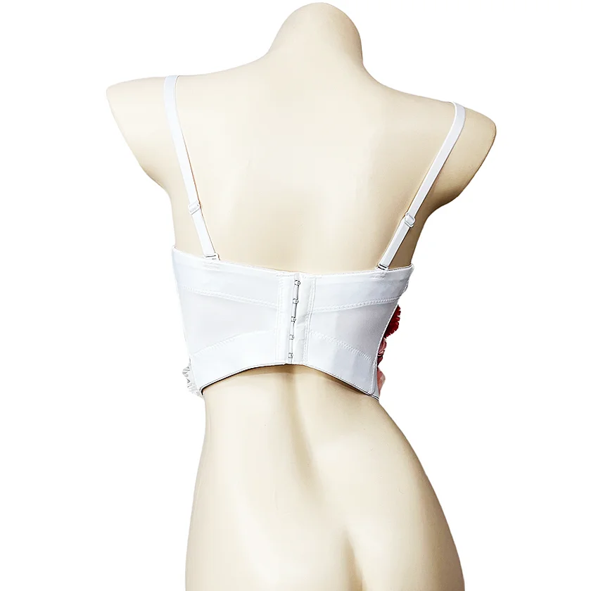 Floral Appliqué Sweetheart Bustier Top for Women, White with Multicolor Fabric Flowers, Strappy, Dancing Apparel