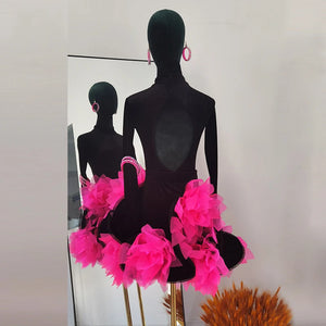 Women's Black Velvet Latin Dance Dress with Hot Pink Ruffles and Rhinestone Details