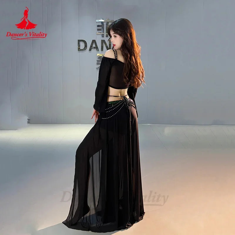 Women's Red Sequin Off-Shoulder Crop Top & Slit Skirt Belly Dance Costume