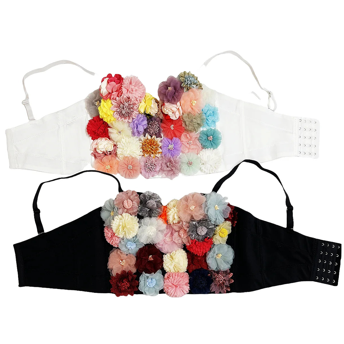 Floral Appliqué Sweetheart Bustier Top for Women, White with Multicolor Fabric Flowers, Strappy, Dancing Apparel