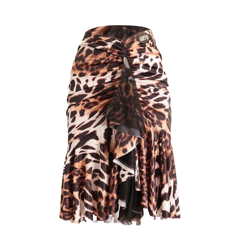 Women's Black & Leopard Print Sleeveless Mock Neck Bodysuit & Ruffled Skirt Latin Dancewear