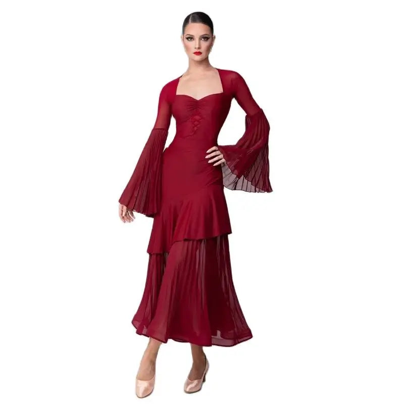 Women's Red Mesh & Chiffon Pleated Bell Sleeve Latin Ballroom Dance Dress