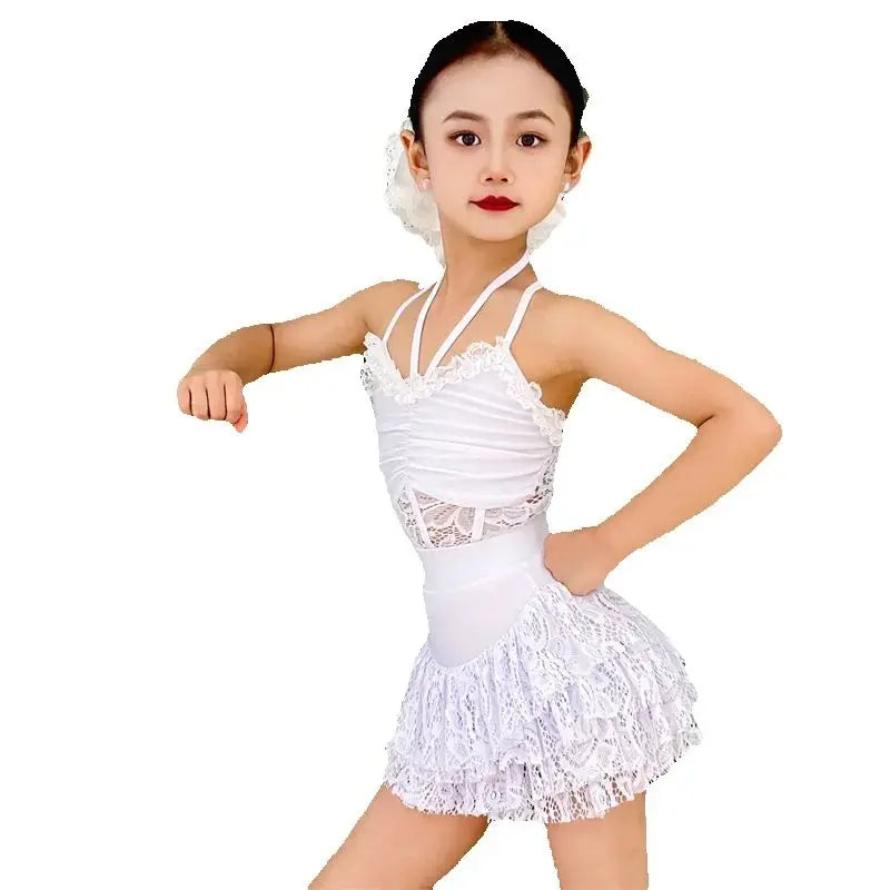 Girls' White Halter Lace Ruffled Latin Dance Dress