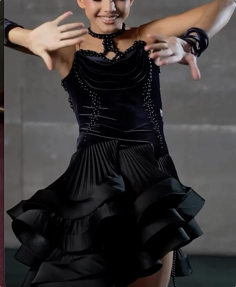 Girls Black Velvet Beaded Latin Ballroom Dance Dress with Pleated Skirt and Ruffles
