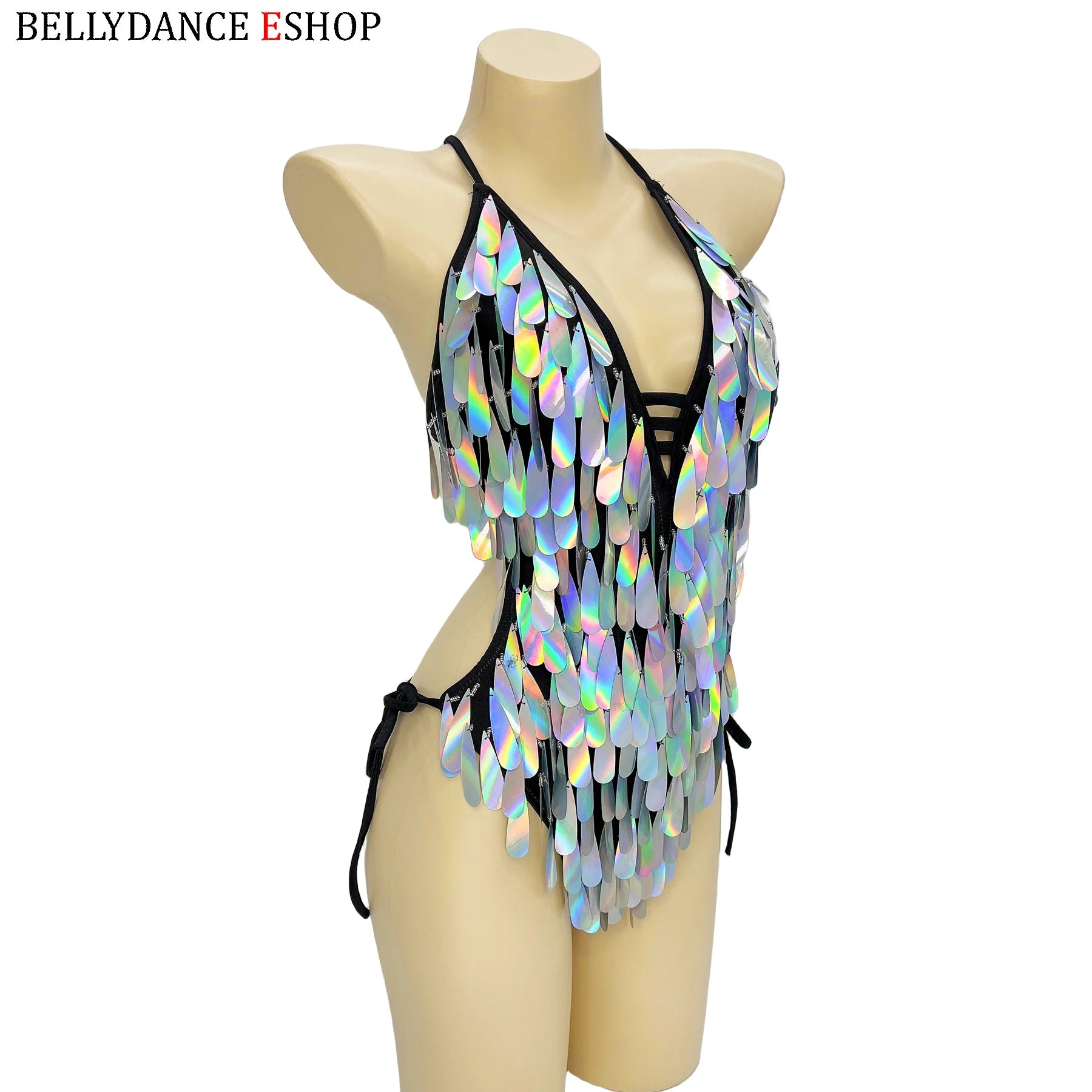 Women's Iridescent Sequin Fringe Halter Bodysuit, Belly Dance/Stage Wear