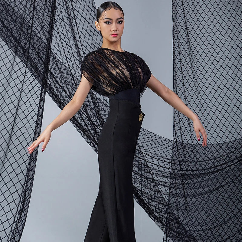 Women's Black Lace & Solid Leotard with Short Sleeves for Ballroom Dance