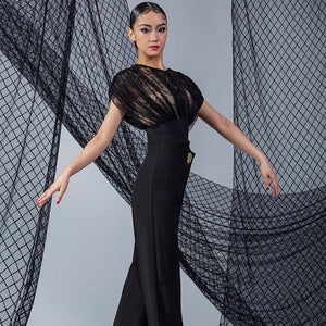 Women's Black Lace & Solid Leotard with Short Sleeves for Ballroom Dance