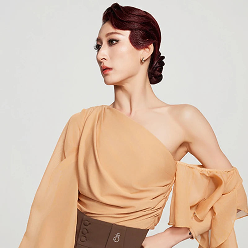 Women's Brown & Peach One-Shoulder Ruffle Sleeve Ballroom Dance Top & Pleated Wide-Leg Pants Set