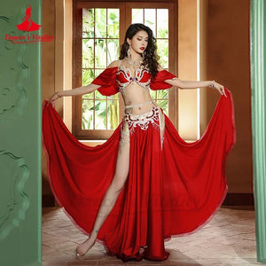 Belly Dance Costume Women White Embellished Chiffon & Satin Skirt Set with Bra and Armbands