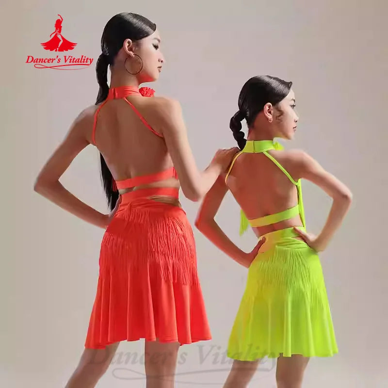 Latin Dance Dress, Girls & Women's, Orange & Neon Yellow, Fringe Cut-out Halterneck, Ballroom Salsa Cha Cha Rumba Tango