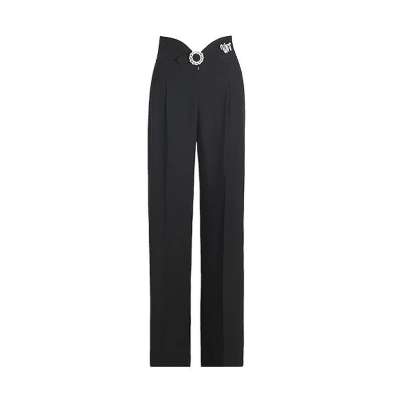 Women's Black & Green High Waist Pleated Wide Leg Ballroom Dance Pants